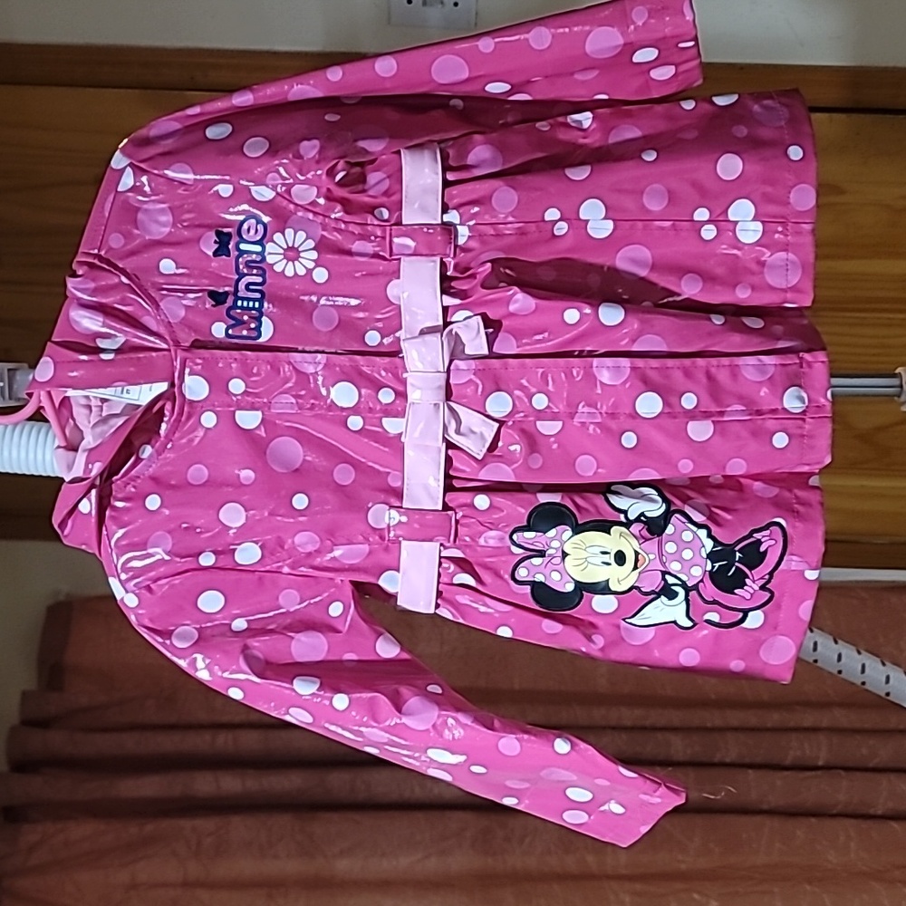 Disney Store Girls Pink & White Polka Dot Minnie Mouse Raincoat, Size 2T